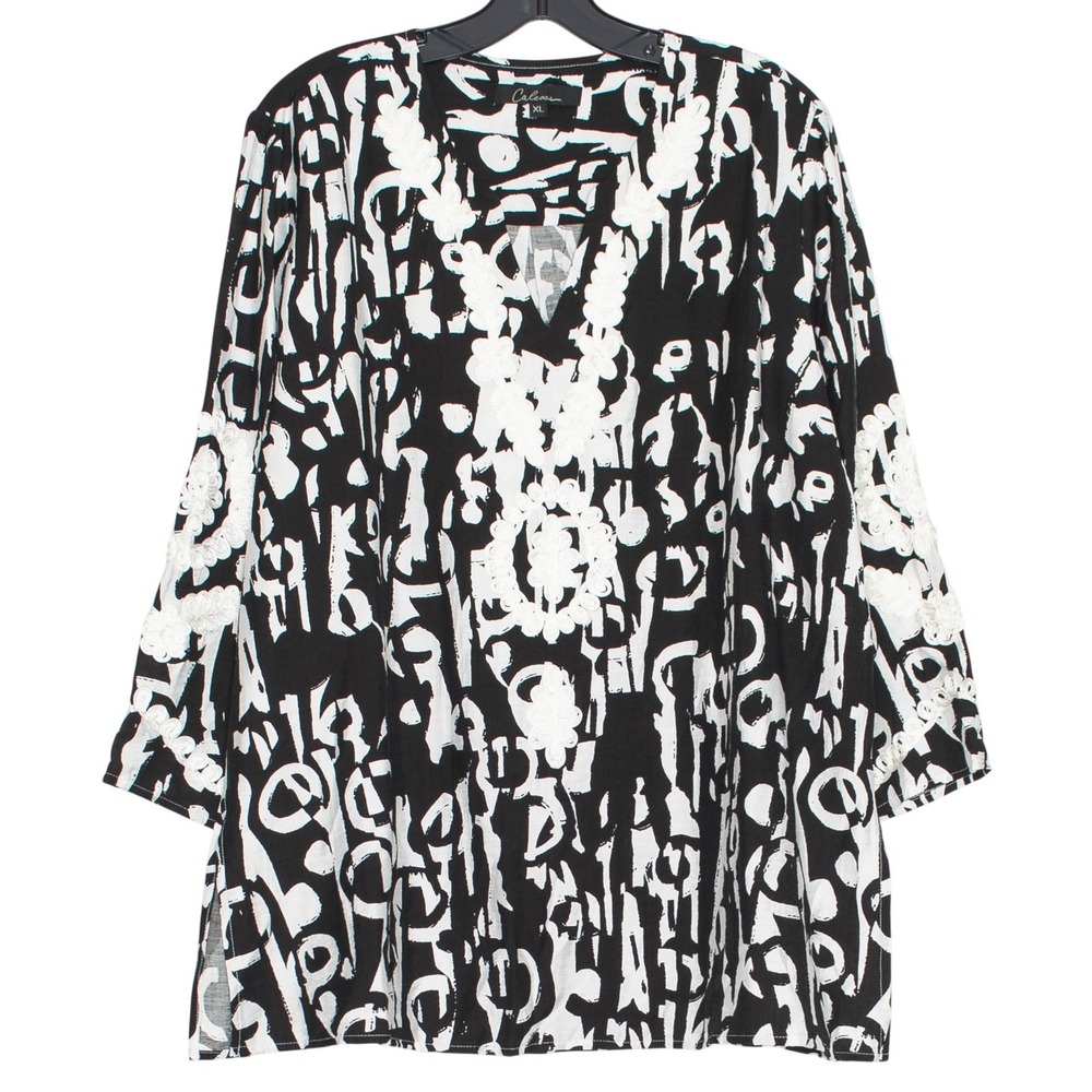 NWT Calessa 3/4 Sleeve Tunic Top‎ Abstract Floral Artsy Travel Black White XL